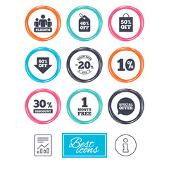 Sale discounts icon. Shopping, clients and speech bubble signs. 20, 30, 40 and 50 percent off. Special offer symbols. Report document, information icons. Vector