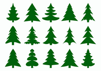 Set of green fir-tree and pines silhouettes isolated on white background. New Year, Christmas tree modern icons. - obrazy, fototapety, plakaty