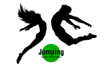 Silhouette of a jumping man and girl.