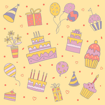 Pattern on a festive theme with funny pictures: cakes, balloons, festive caps, candles, flowers, gifts.