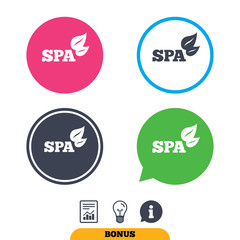 Spa sign icon. Spa leaves symbol. Report document, information sign and light bulb icons. Vector