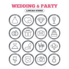 Wedding and party icons. Dress, diamond and rings. Gift box, invitatiom letter and rose flower. Speech bubble with heart and photo camera. Circle flat buttons with linear icons. Vector