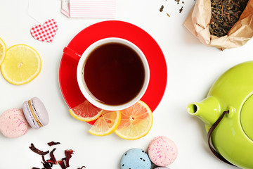 Tea set on white background, flat lay