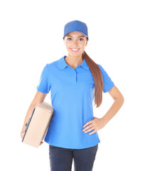 Delivery woman in uniform with parcel on white background