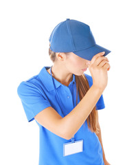 Delivery woman in uniform on white background, closeup
