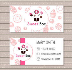 Visiting card. Sweet box with donut, candy, lollipop,