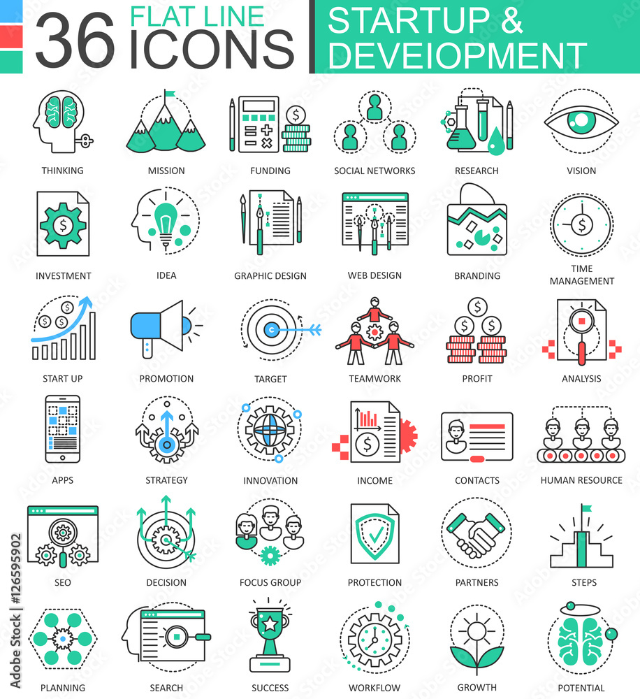 Poster Vector Startup and development modern color flat line outline icons for apps and web design.