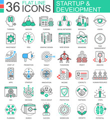 Vector Startup and development modern color flat line outline icons for apps and web design.