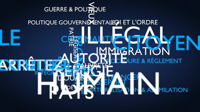 Illegal, immigration, crime, refugee word tag cloud, blue, French variant, 3D rendering, UHD