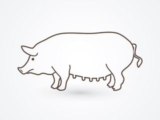 Fat pig standing outline stroke graphic vector.