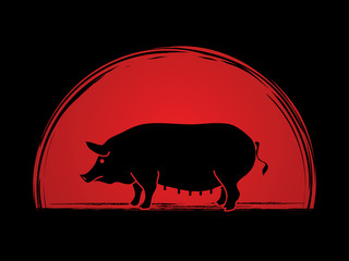 Fat pig standing designed on sunrise background graphic vector.