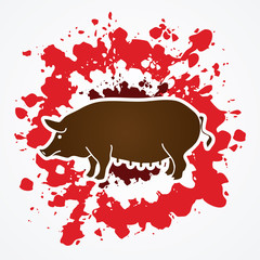 Fat pig standing designed on splatter blood background graphic vector.