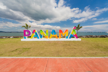 Panama lettering on the Causeway in Panama City - obrazy, fototapety, plakaty