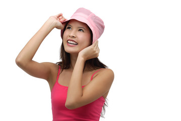 Young woman wearing pink hat and smiling