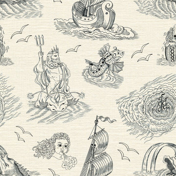 Seamless nautical background with sea mythological creatures and vintage ship