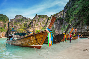 Fototapeta na wymiar Thailand sea beach view round with steep limestone hills with ma