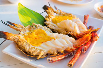 grilled river giant prawn with spicy seafood sauce.