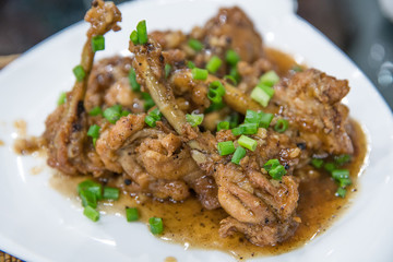 Roasted calf chicken with sauce surve on plate