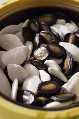 Still life of white and black melon seeds