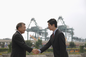 Businessmen standing face to face, shaking hands