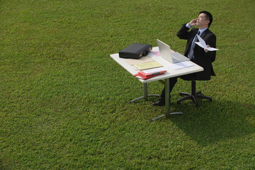 Businessman on the phone while sitting at desk