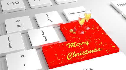 Merry Christmas keyboard with baubles and champagne