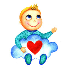 One little cute smiling boy holding a big blue cloud with heart in his hands. Charity babies. Kid dreams and hopes to receive charity.