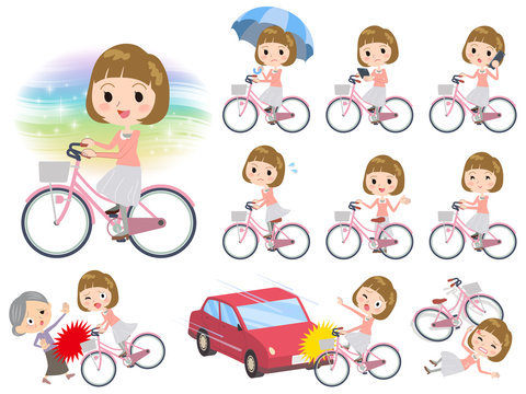 Straight bangs hair pink blouse women ride on city bicycle