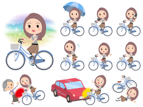Long hair border T shirt woman ride on city bicycle