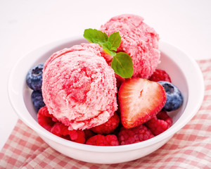 Close Up ice cream mixed berry fruits raspberry ,blueberry ,stra