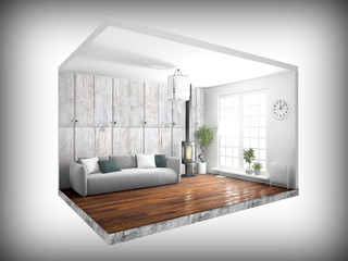 Interior without walls. 3D rendering