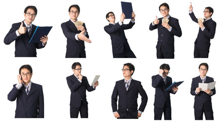 Set of Asian businessman in various poses isolated on white