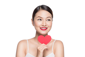 Cute attractive young woman with red heart. Valentine's day art