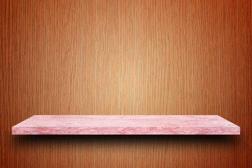 Empty top of  marble stone table on wooden plank wall background
