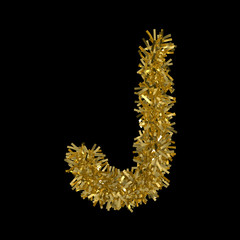 Letter J made from Gold Christmas Tinsel Isolated on Black - 3D Illustration