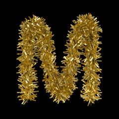 Letter M made from Gold Christmas Tinsel Isolated on Black - 3D Illustration