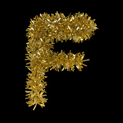 Letter F made from Gold Christmas Tinsel Isolated on Black - 3D Illustration