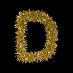 Letter D made from Gold Christmas Tinsel Isolated on Black - 3D Illustration