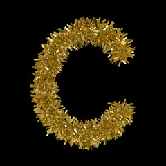 Letter C made from Gold Christmas Tinsel Isolated on Black - 3D Illustration