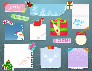 Merry Christmas and Happy New Year decorative elements, paper banners and stickers, colorful tape, notes, isolated on blue background, realistic set. Hand drawn elements, vector illustration.