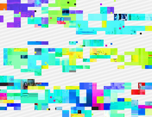 Colorful glitched shapes. Decorative layer for effect of corrupted image. Random digital signal error. Abstract contemporary background made of acid pixel mosaic. Element of trendy design.