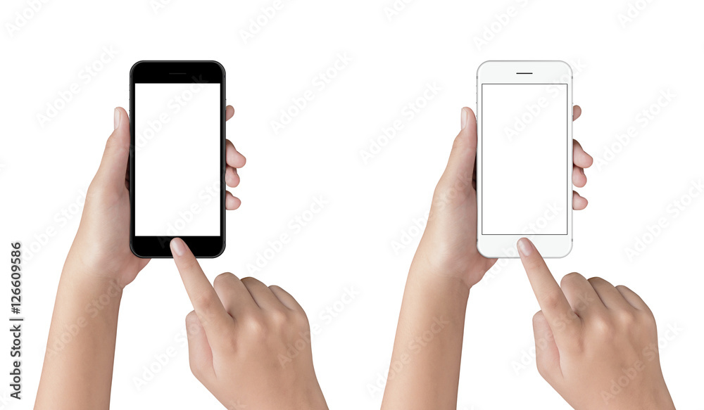 Aufkleber hand touching on phone isolated with clipping path on white back