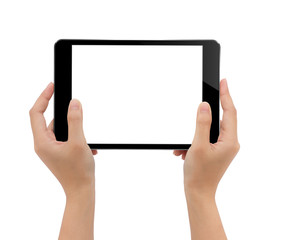 close-up hand holding tablet, mock-up black digital tablet isola