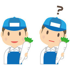 かわいい八百屋さん　上半身　男性　笑顔とハテナ