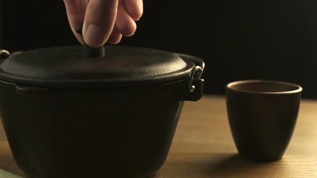 Rotating plate with asian red sause ribs and vegetables