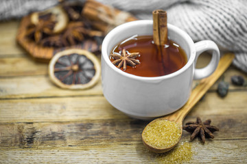 Cup of hot tea with a cinnamon stick