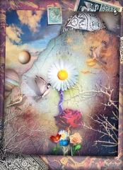 Fotobehang Verbeelding Mystic red rose and colored flowes in the enchanted landscape  © Rosario Rizzo