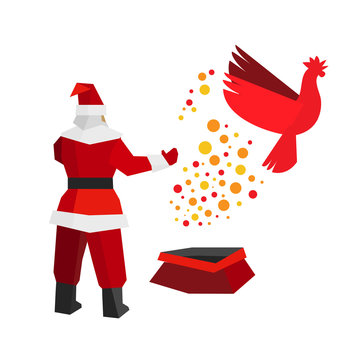 Santa Claus produces a fire rooster out of the gift bag. China astrology symbol cock flies to freedom. New year concept for card or poster. Flat style vector clip art on white background.