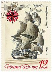 Russian sailing ship of the line "Ingermanland" (1715) on postag