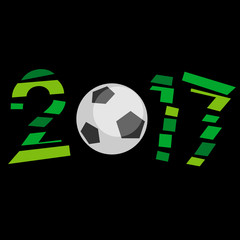 New Year 2017 concept - broken green digits with soccer ball instead zero. Holiday sign for football greeting card, poster or calendar. Flat style vector clip art on black background.
